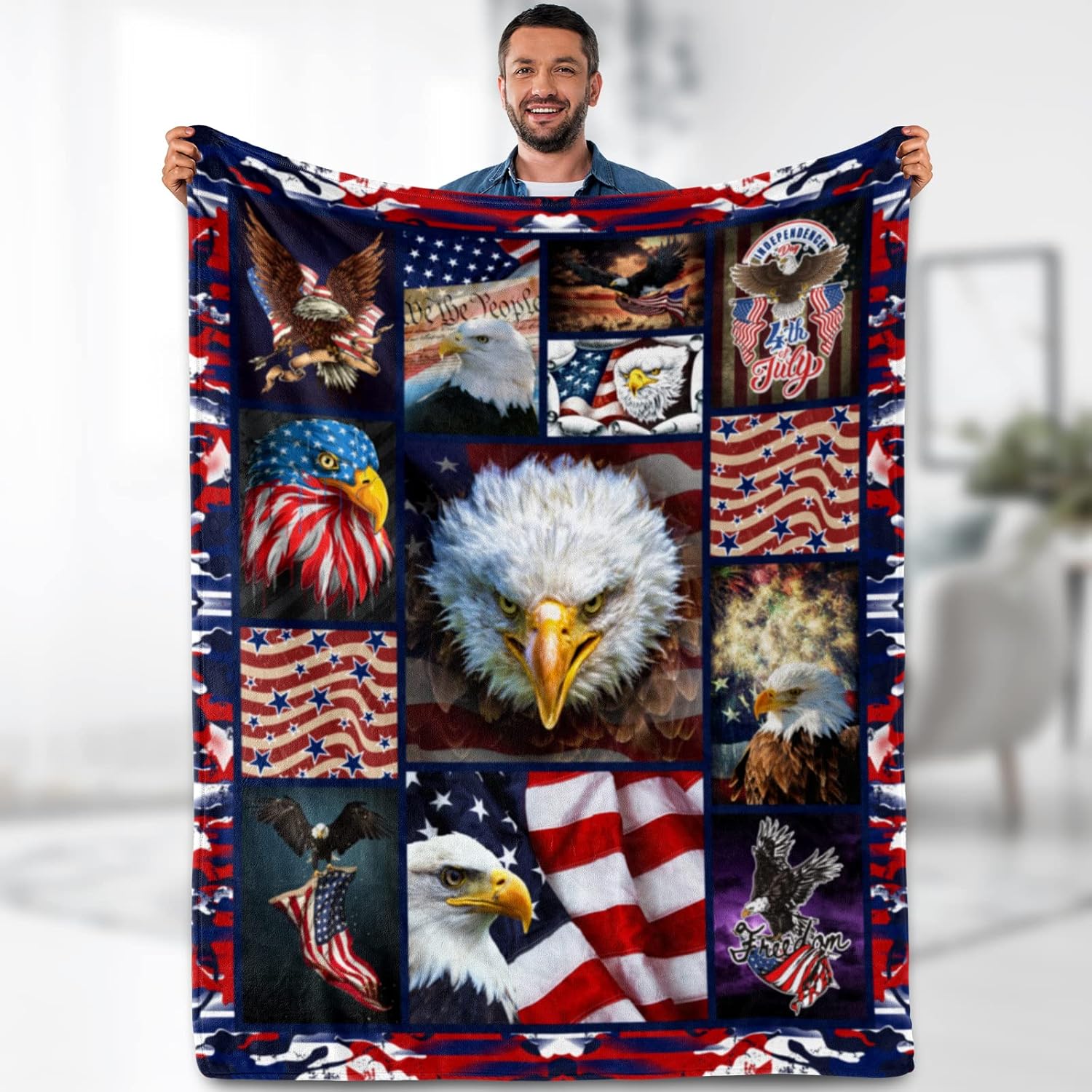 Manta con la bandera estadounidense de Texas, regalo  Manta patriótica con temática de amantes del águila calva para niños, hombres, padres,