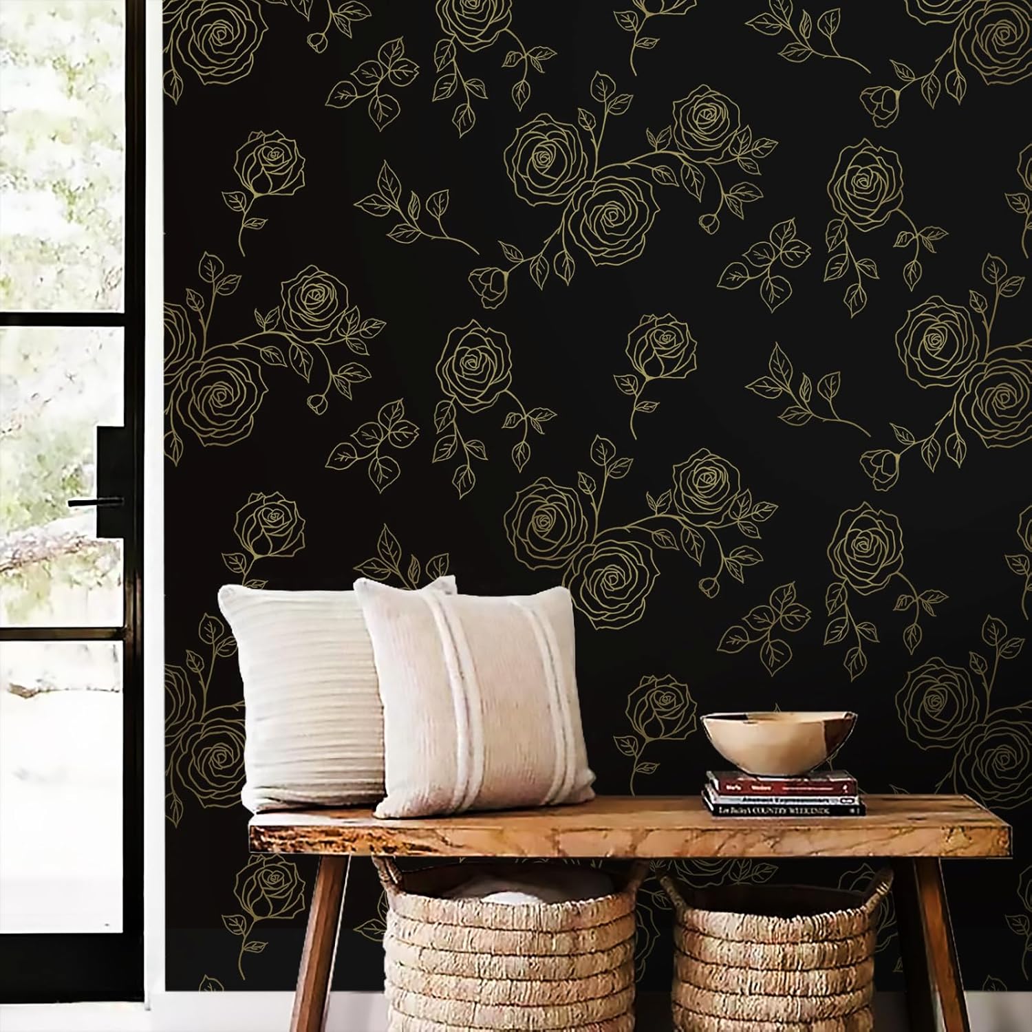 Amiya Papel tapiz de flores para despegar y pegar, papel tapiz bohemio dorado y negro, renovación de dormitorios, armarios, etc. Papel tapiz de