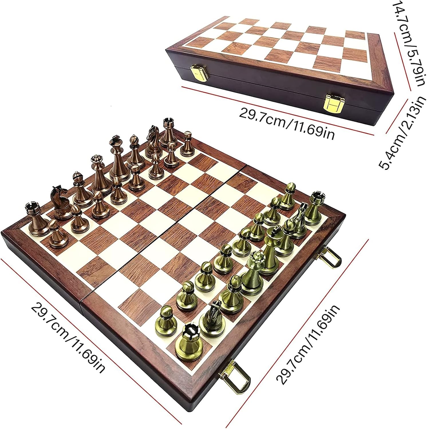 Metal Chess Set with Classic Handmade Standard Pieces Metal Chess Pieces and Folding Wooden Chess Board, Chess Board Game Set for Kids and Adult for