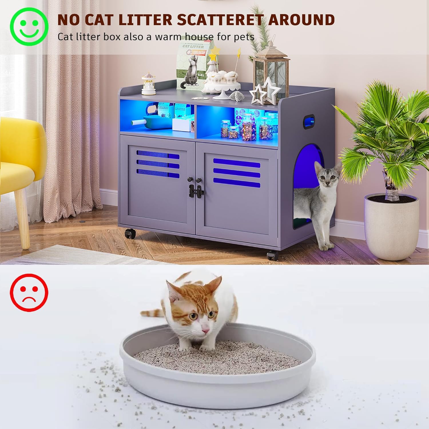 FOMNEY Caja de arena para gatos, mueble oculto con cuerpo humano, 3 luces LED de color, jaula para gatos con 2 cajones abiertos y 1 puerto USB, casa