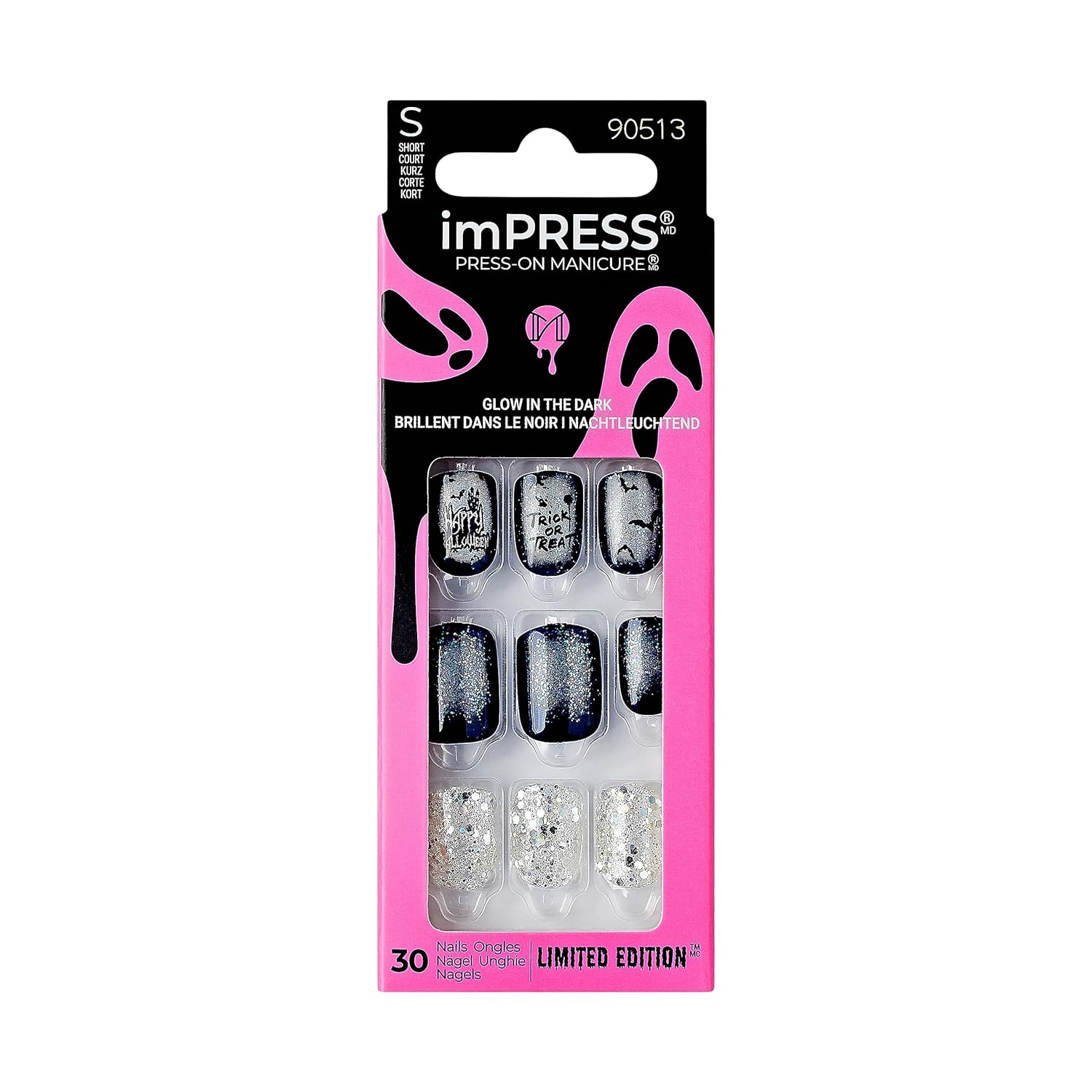 KISS imPRESS – Manicura a presión para Halloween, azul, longitud corta, forma cuadrada, tecnología PureFit, a prueba de astillas, a prueba de