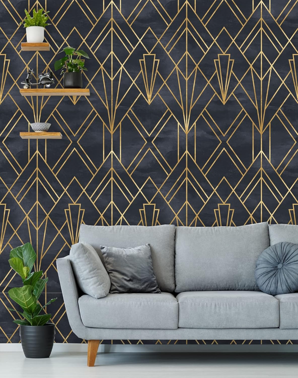 Coloritto Papel tapiz extraíble para despegar y pegar, mural de pared Art Deco autoadhesivo, líneas geométricas Art Deco, fondo negro acuarela