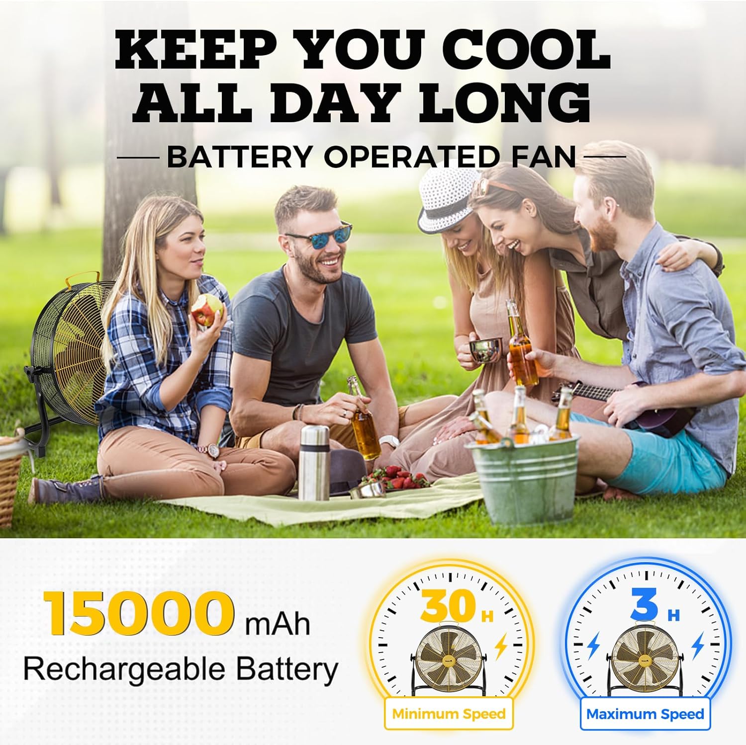 Smartele QF16 16 Inch Battery Powered Floor Fan Fast Charging,15000mAh Battery Operated Fan,Rechargeable Portable Fan,2500 CFM High Velocity