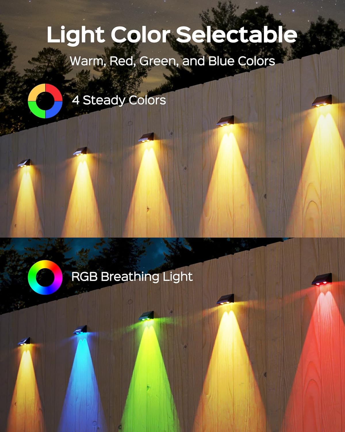 JACKYLED Luces solares para valla de 50 lm, luces solares de valla RGB blancas cálidas para exteriores, impermeables, con lente LED, luces de
