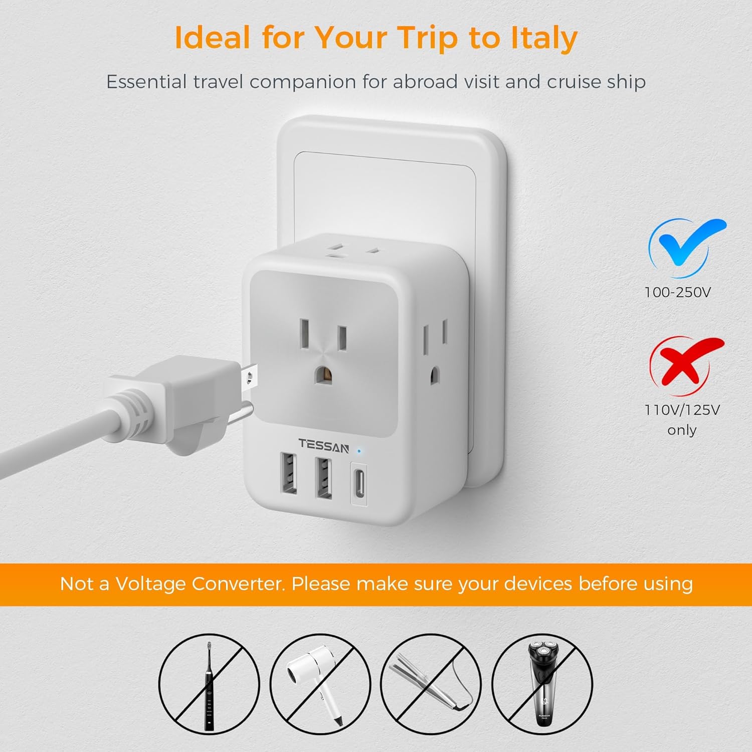 Adaptador de enchufe de viaje para Italia, 2 paquetes, adaptador de corriente TESSAN Italia con 4 tomas, 3 puertos USB (1 USB C), adaptador de