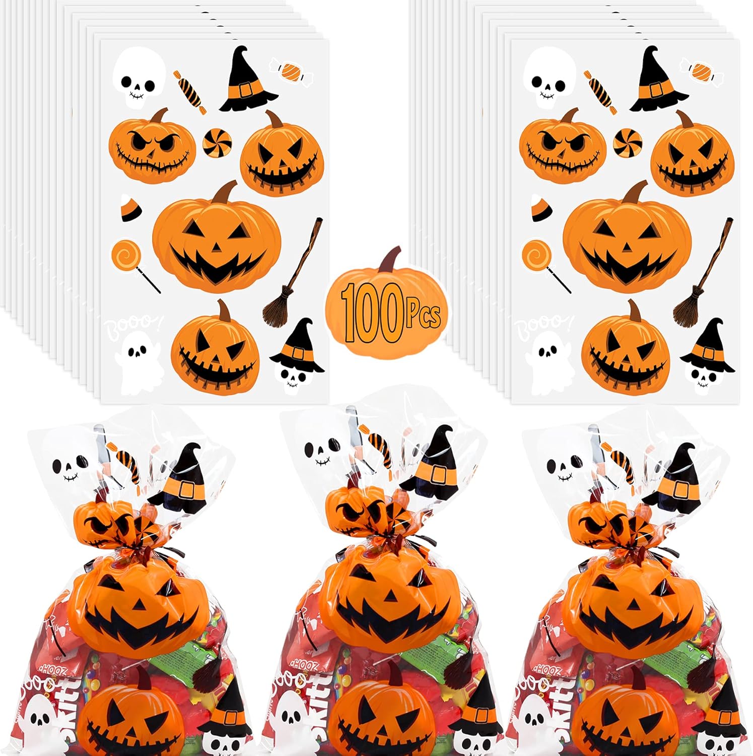 AnapoliZ Bolsas de regalo de Halloween  100 piezas (6 x 9 pulgadas)  Bolsas de celofán transparente de 2.5 mil con divertidos diseños aterradores