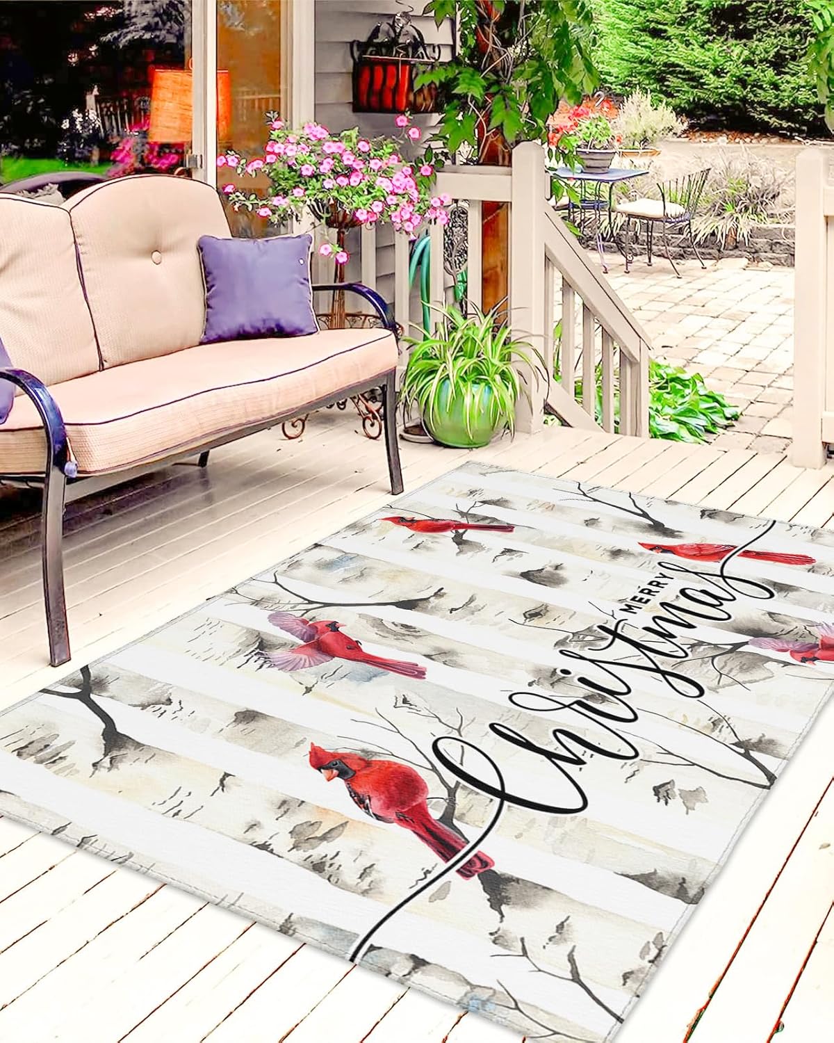 Outdoor Rug Carpet Waterproof 5×8 ft Area Rug, Christmas Birch Tree Branch Cardinal Bird Large Floor Mat for Patio Balcony Living Room Backyard