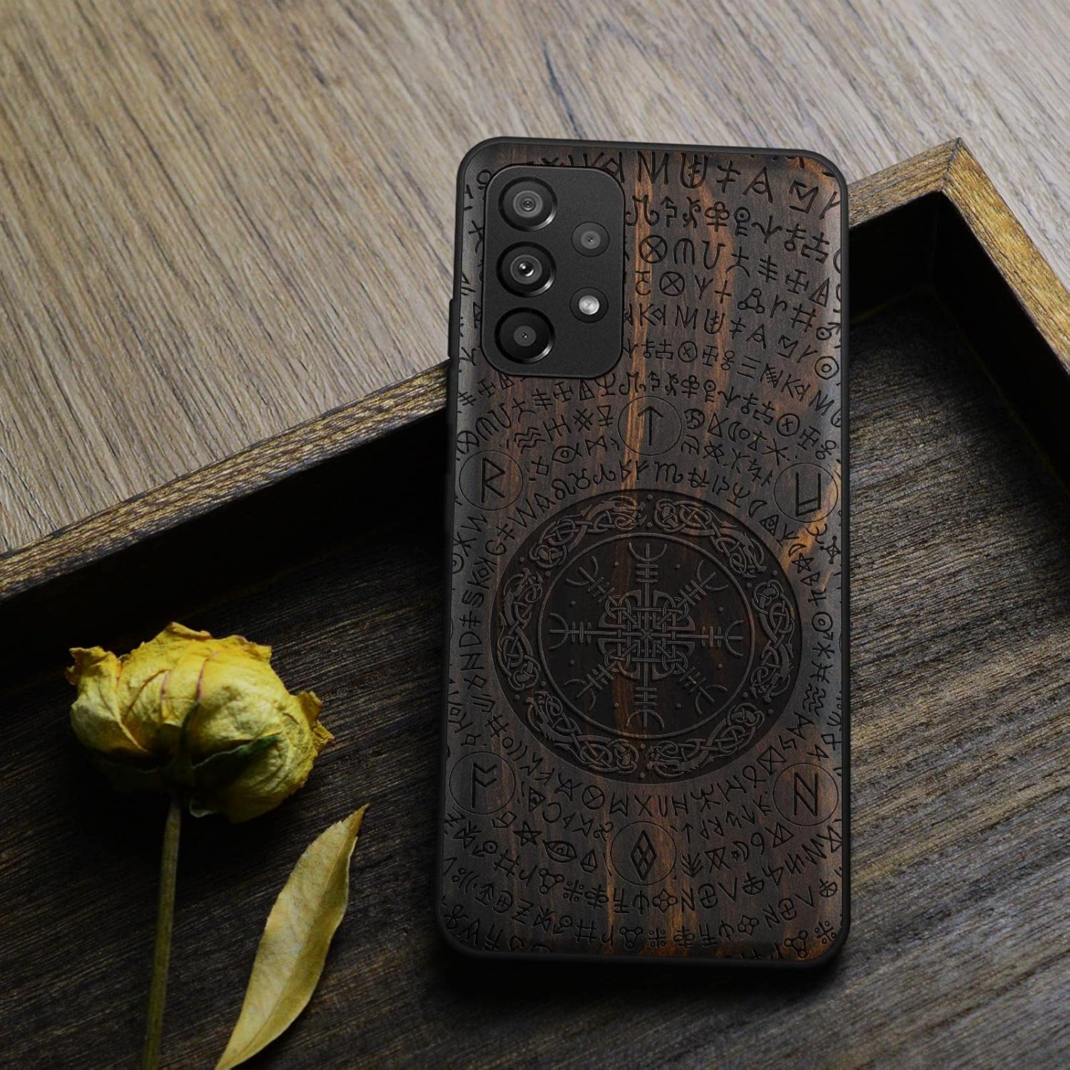 Carveit Funda de madera para Samsung Galaxy A53 5G madera natural y TPU suave negro a prueba de golpes, funda de madera única compatible con Galaxy