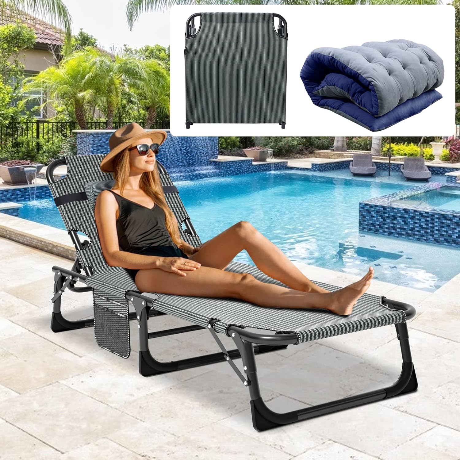ABORON Paquete de 2 sillas plegables 3 en 1, silla tumbona de carga resistente de 500 libras, silla portátil ajustable para el hogar, jardín, playa,