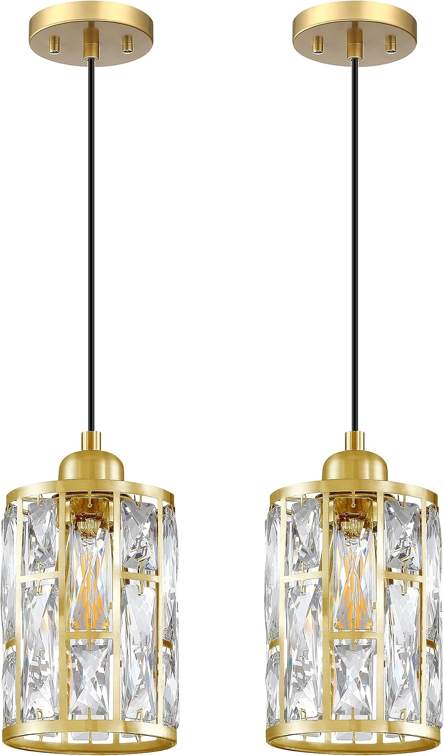 Paquete de 2 colgantes de isla de cocina con pantalla de cristal de 5.4 pulgadas, acabado dorado, moderno colgante con pantalla de metal de cristal