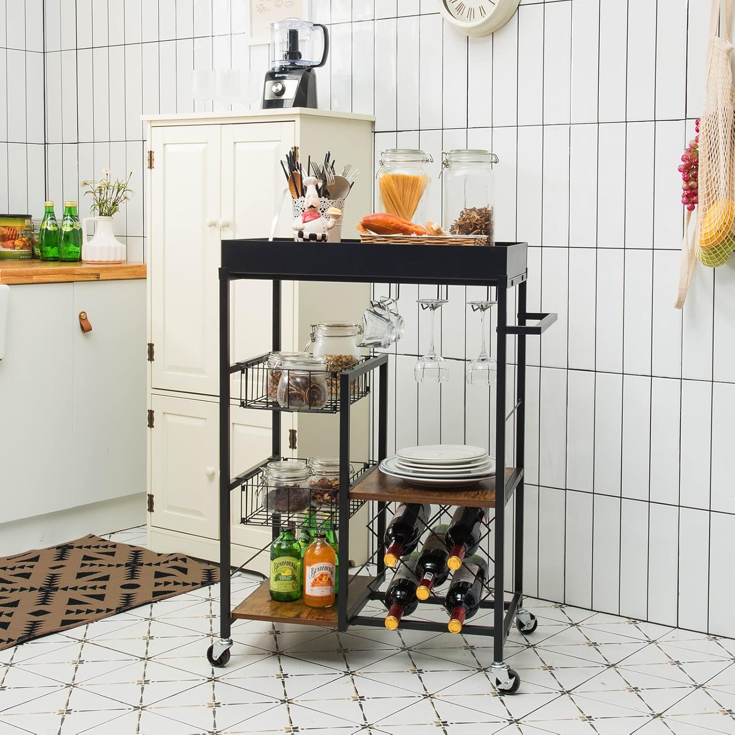 Giantex Carrito de isla de cocina con ruedas, carrito de servicio de bar móvil, con bandeja superior extraíble, estante para vino, soporte para