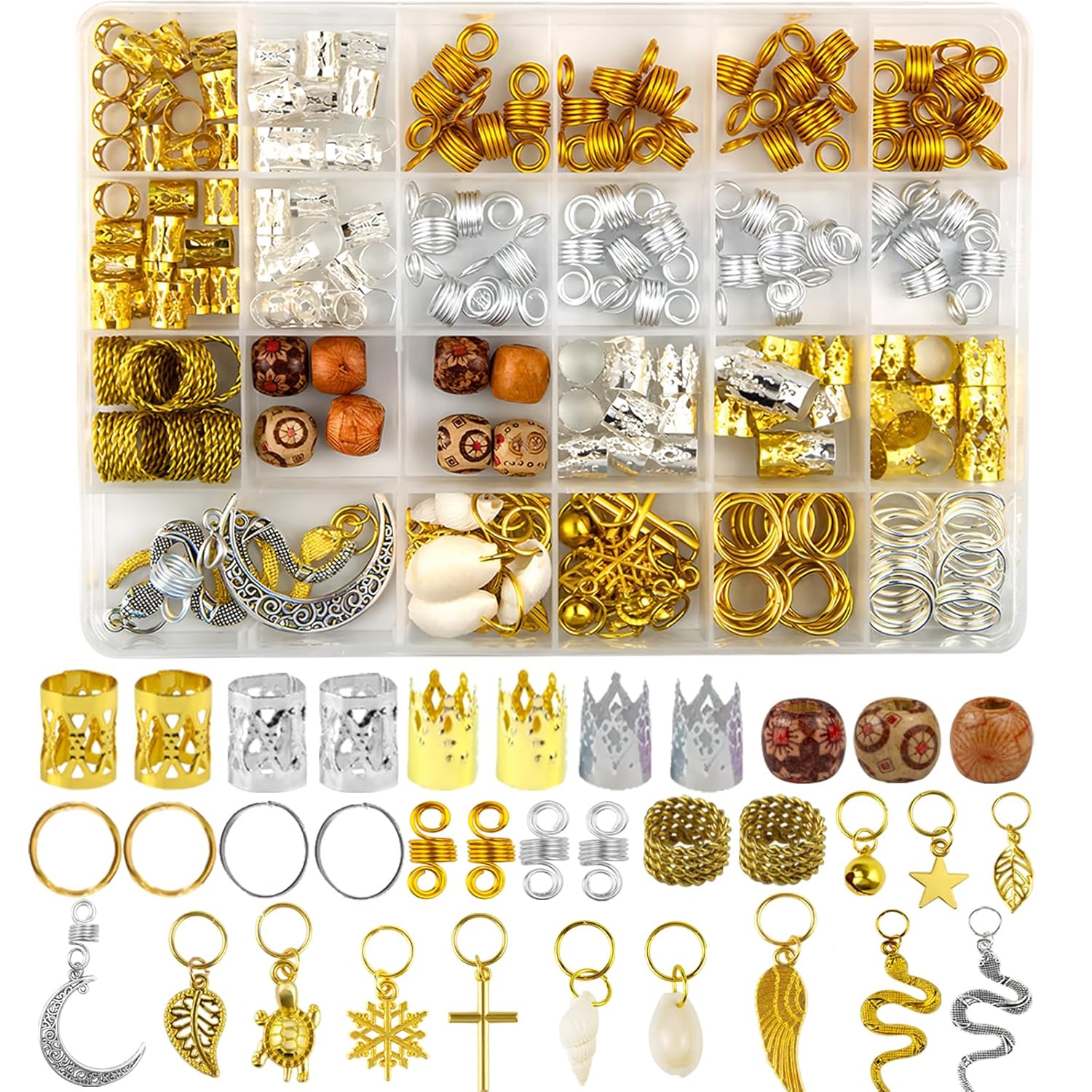Qingchuang 241 piezas de joyas para el cabello para trenzas, rastas de metal dorado y plateado, conchas de imitación de madera, puños ajustables,