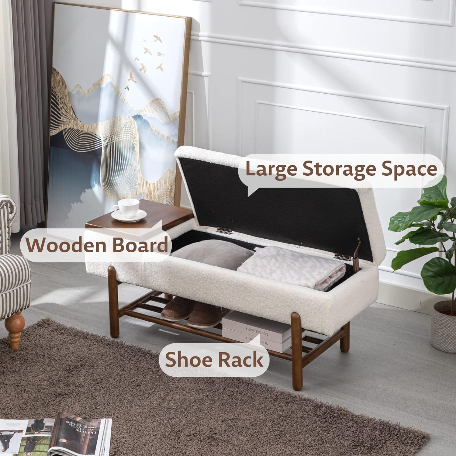 ROCITY Banco de sherpa beige para dormitorio, extremo de la cama, banco otomano de almacenamiento tapizado, banco de almacenamiento moderno con