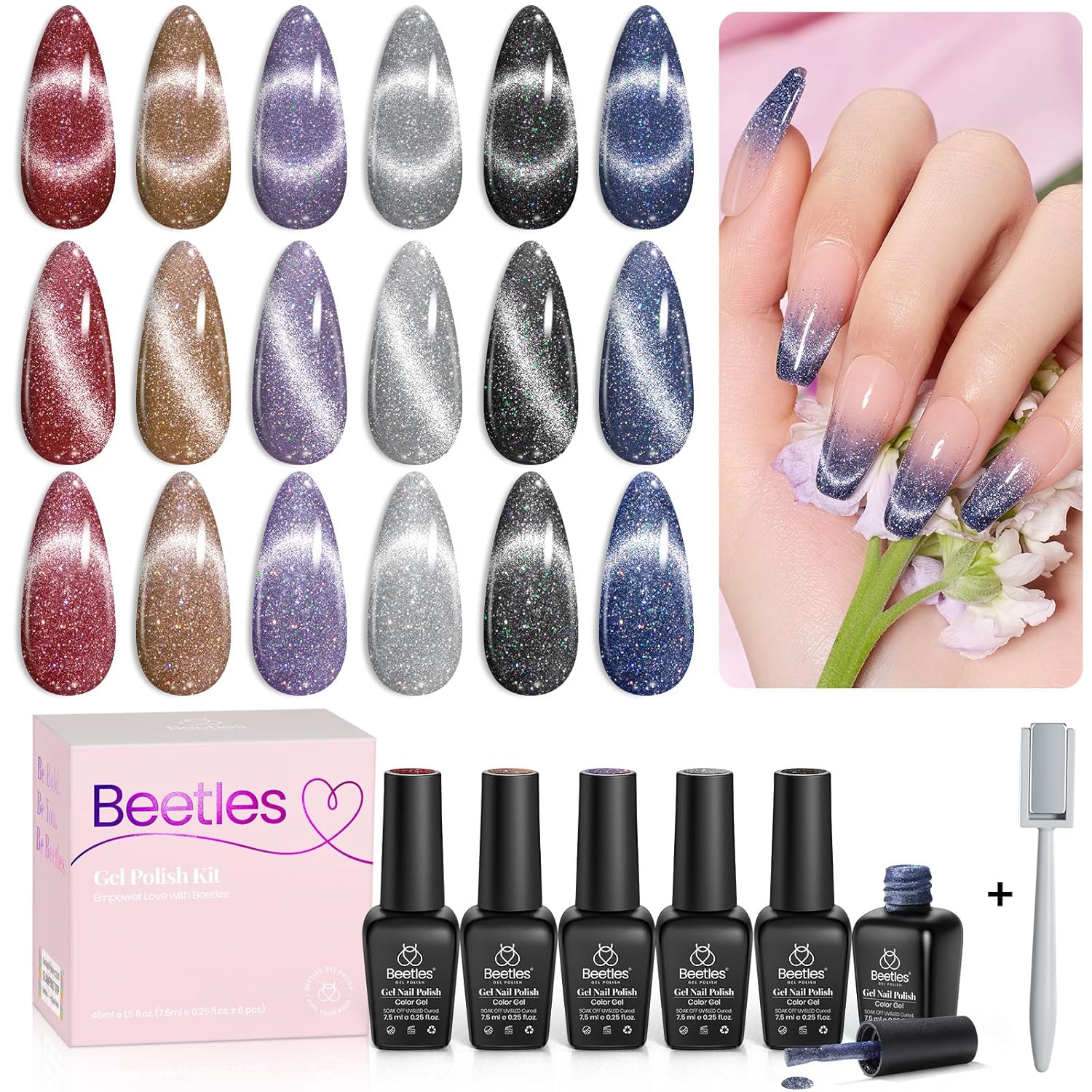 Beetles – Juego de 6 esmaltes de uñas de gel con purpurina holográfica de ojo de gato, rojo, morado, azul, con imán, para primavera, semipermanente,