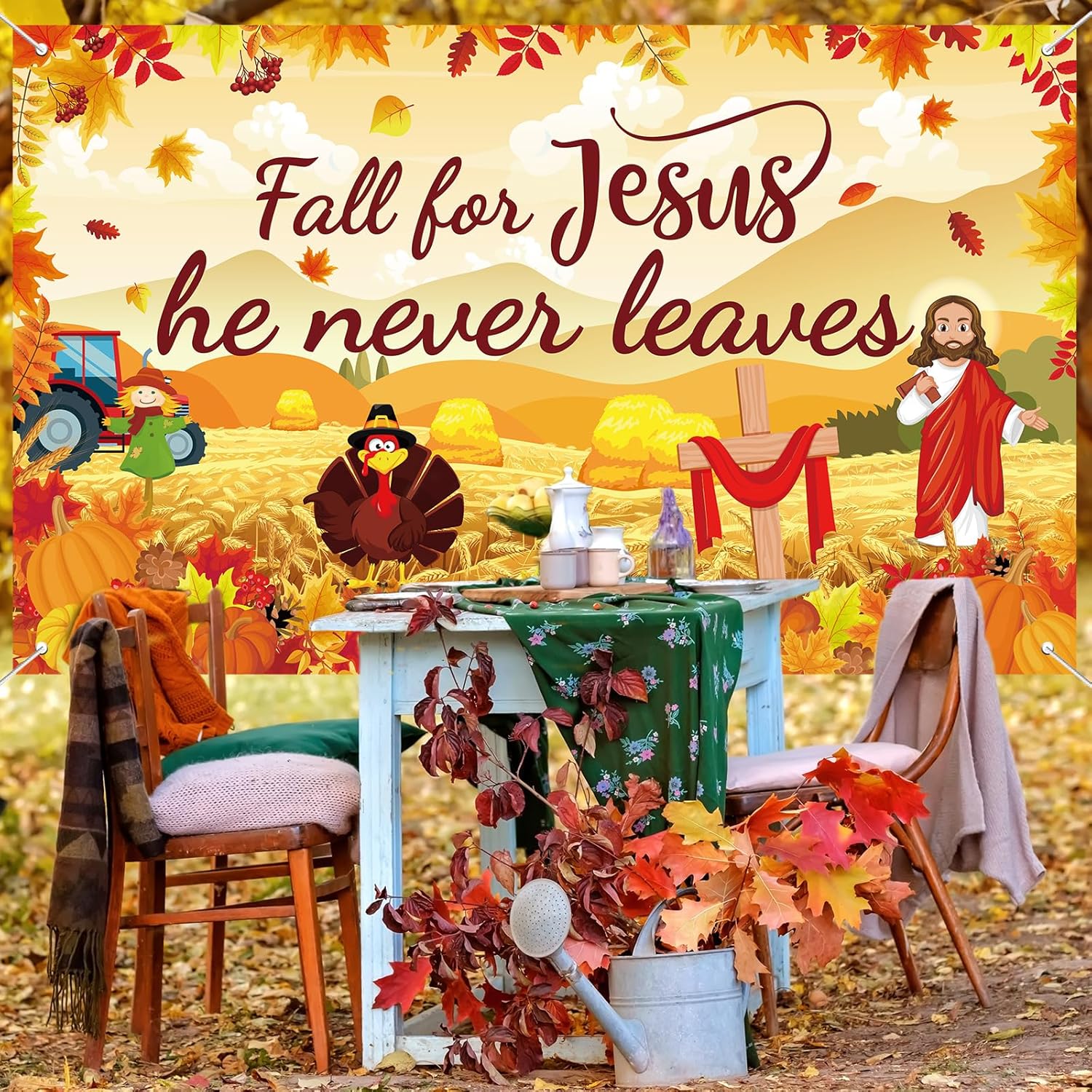 Cartel grande de otoño para Jesús, decoración de otoño para Jesús, telón de fondo de calabaza hoja de arce, decoración de fiesta de Acción de