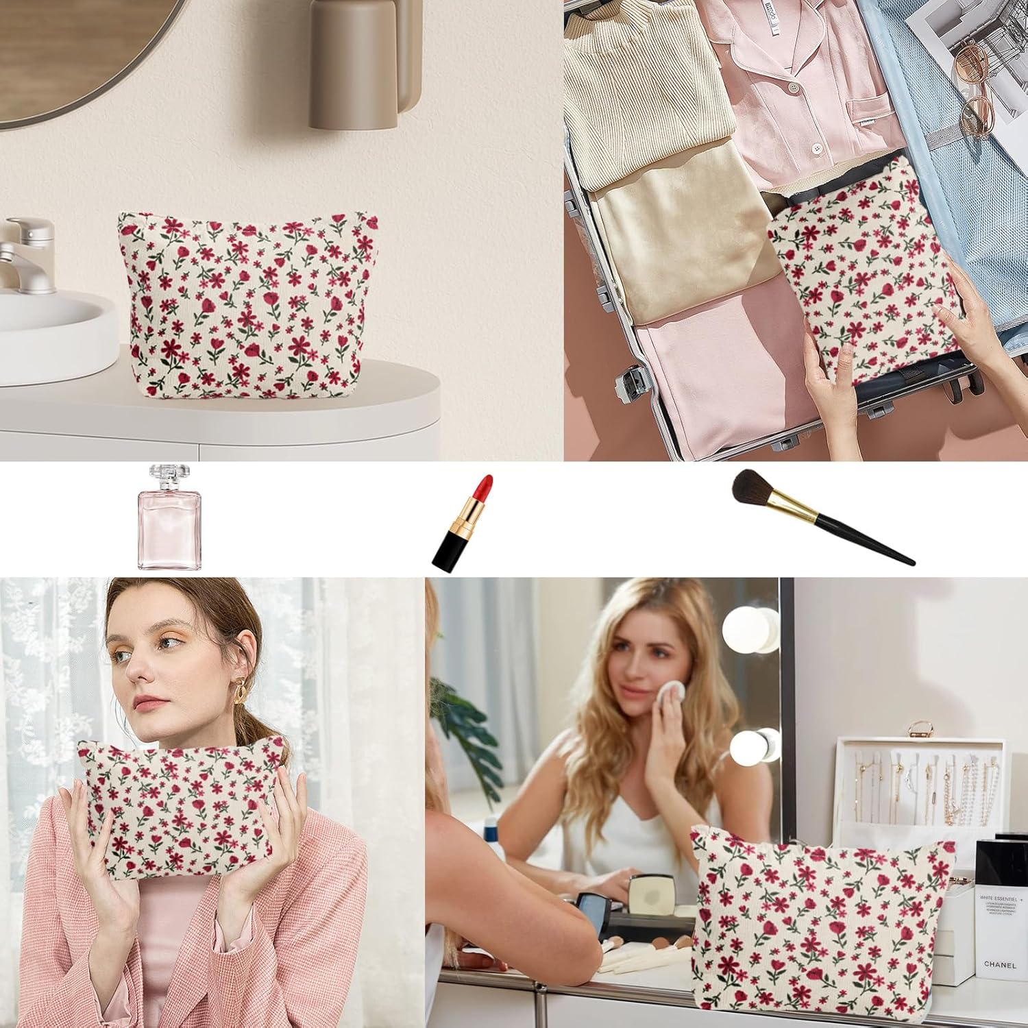 MHDGG Bolsa de maquillaje para mujer, bolsa de cosméticos floral de gran capacidad, bolsas de maquillaje, bolsas de maquillaje para mujer, bolsos de