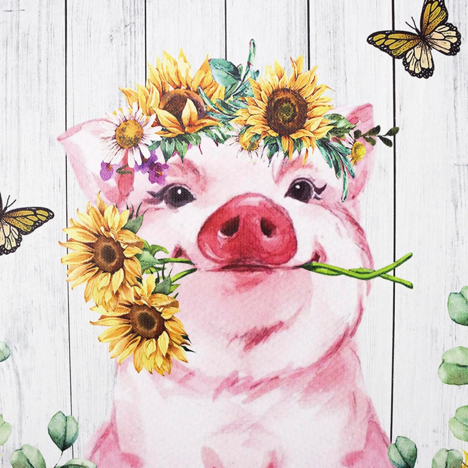 HVEST Arte de pared de girasol de cerdo, lindo cerdo y girasoles con mariposa en tablero rústico, pintura abstracta, lienzo de granja para baño,