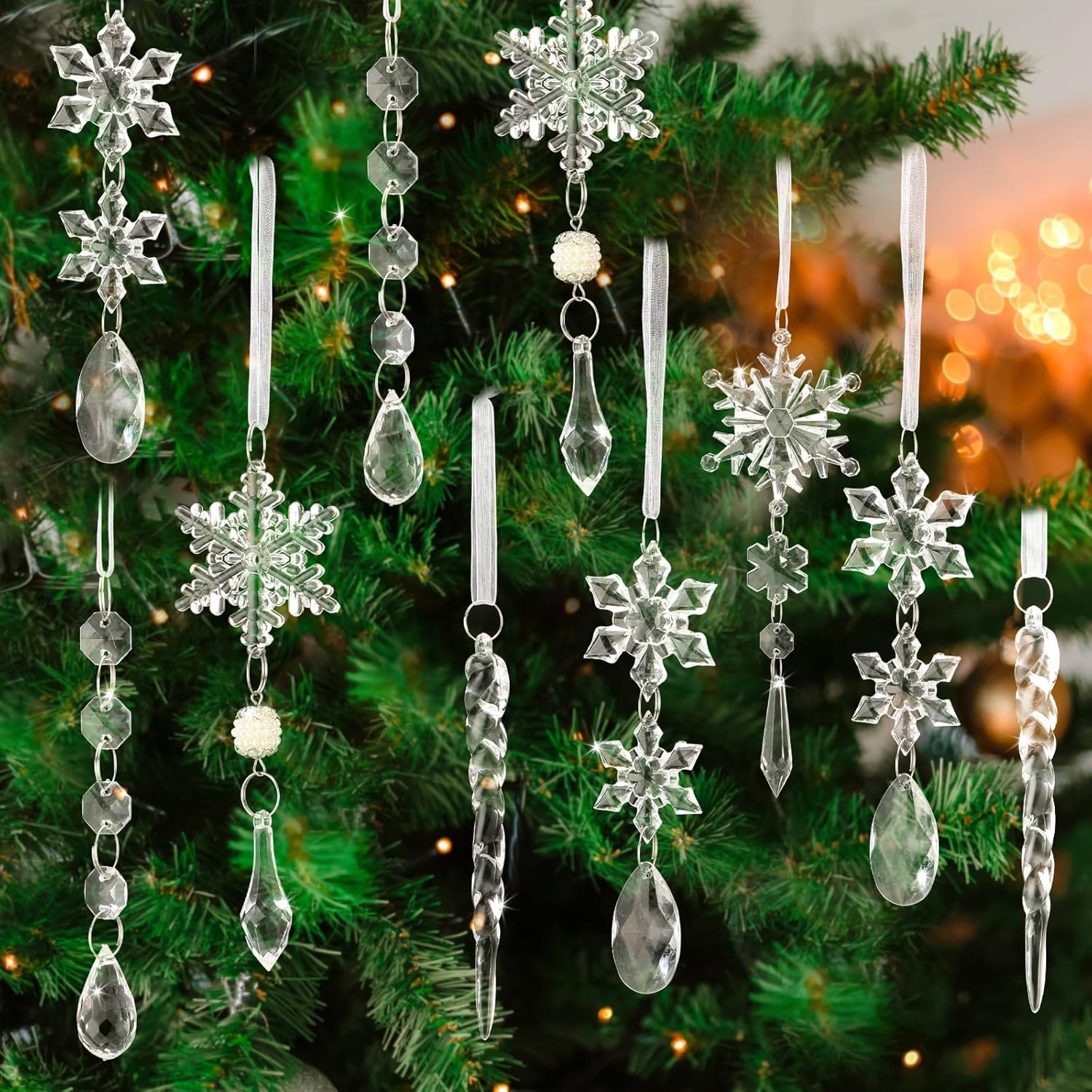 Soaoo 36 adornos de Navidad de cristal para decoración de árbol de Navidad, carámbano acrílico de copo de nieve con colgantes de gota, decoración de