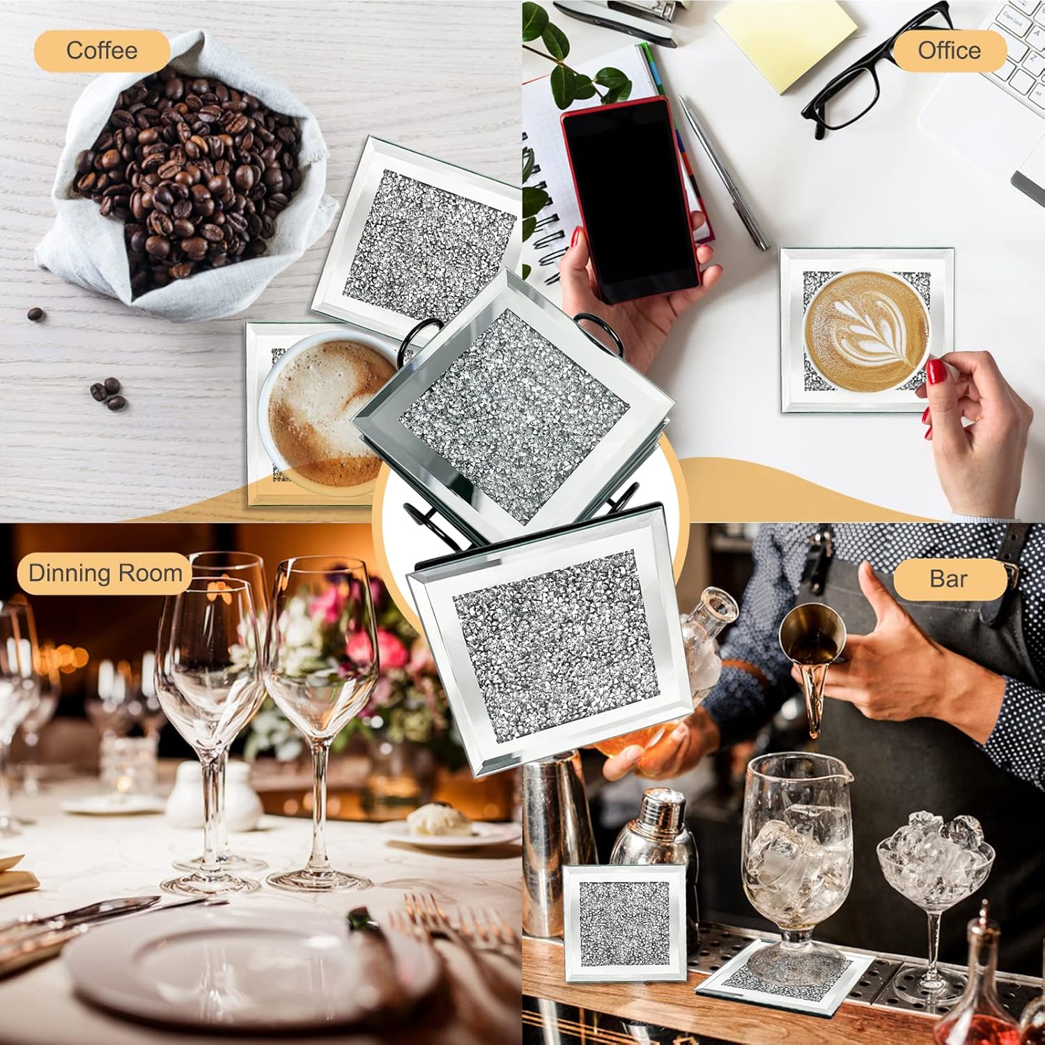 DILIBRA – Juego de 6 posavasos de vidrio con espejo con soporte, posavasos modernos con cristales brillantes para Dirnk, platos de vidrio de