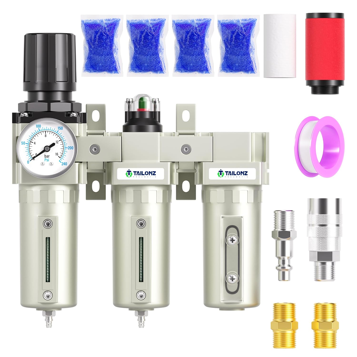 TAILONZ PNEUMATIC 0-240PSI Sistema de secado de aire de tres etapas de grado industrial NPT de 34 pulgadas, filtro de partículas, filtro