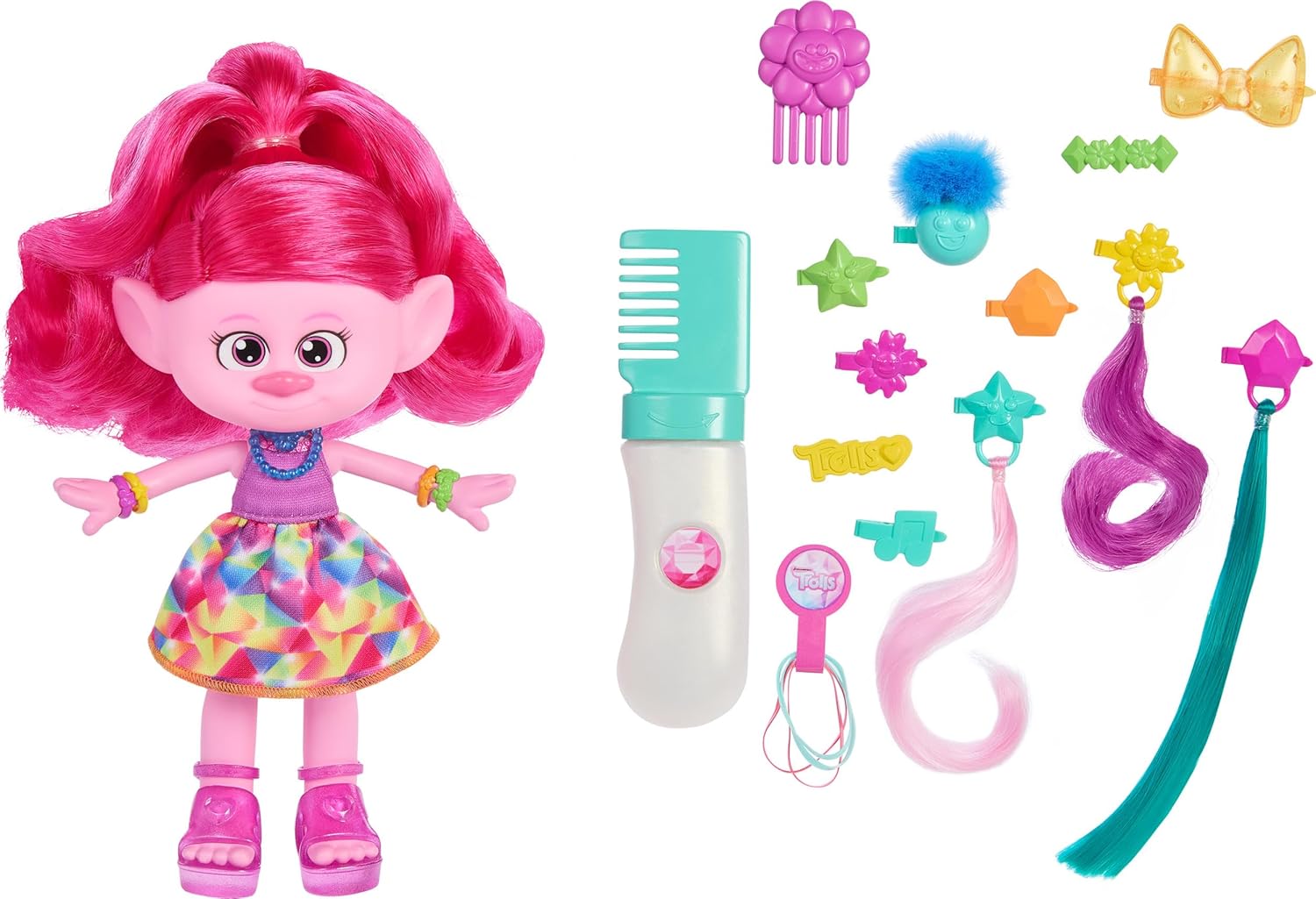 Mattel Muñeca DreamWorks Trolls Band Together y más de 15 accesorios, muñeca de moda Queen Poppy con peine de purpurina