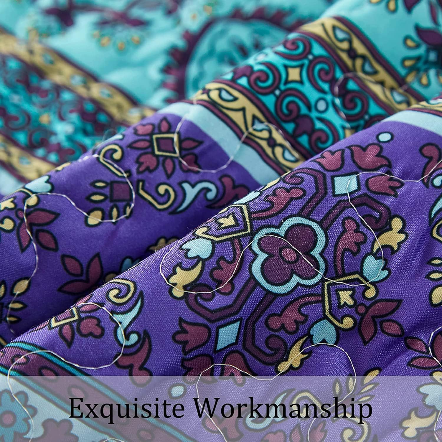 WONGS BEDDING Juego de edredón bohemio, edredón estampado de rayas bohemias azules y moradas, colcha de microfibra ligera para decoración de cama