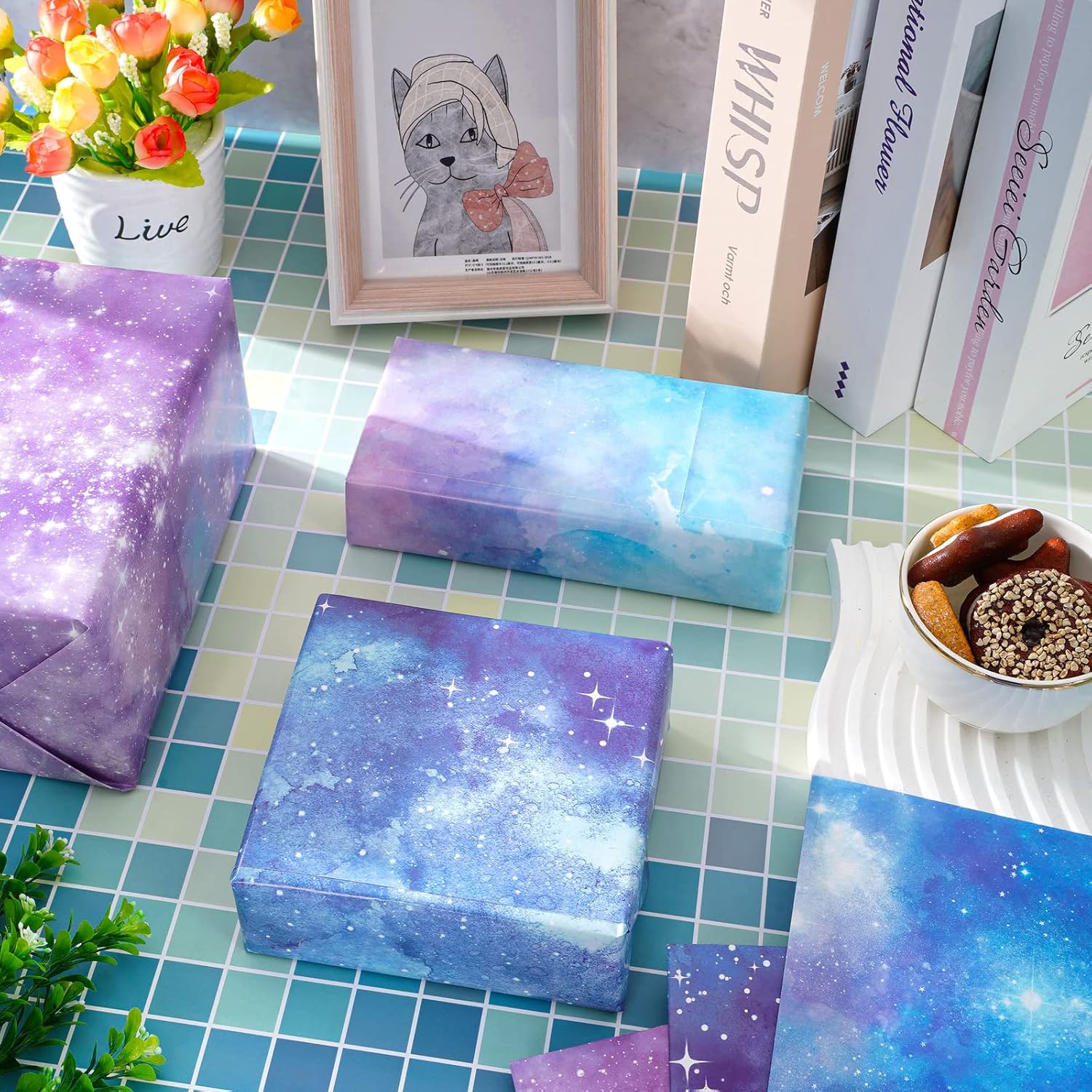 Whaline 12 hojas de papel de regalo de galaxia púrpura azul cielo estrellado de ensueño papel de regalo para cumpleaños, baby shower, manualidades,