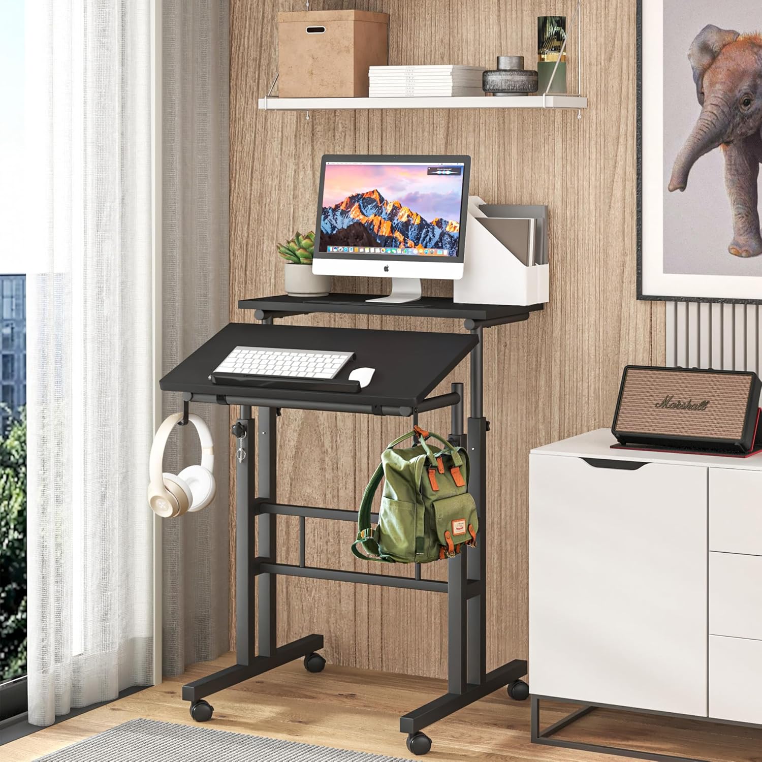 Panta Escritorio móvil de pie, escritorio de pie con soporte para tazas, escritorio de computadora de altura ajustable, escritorio portátil con