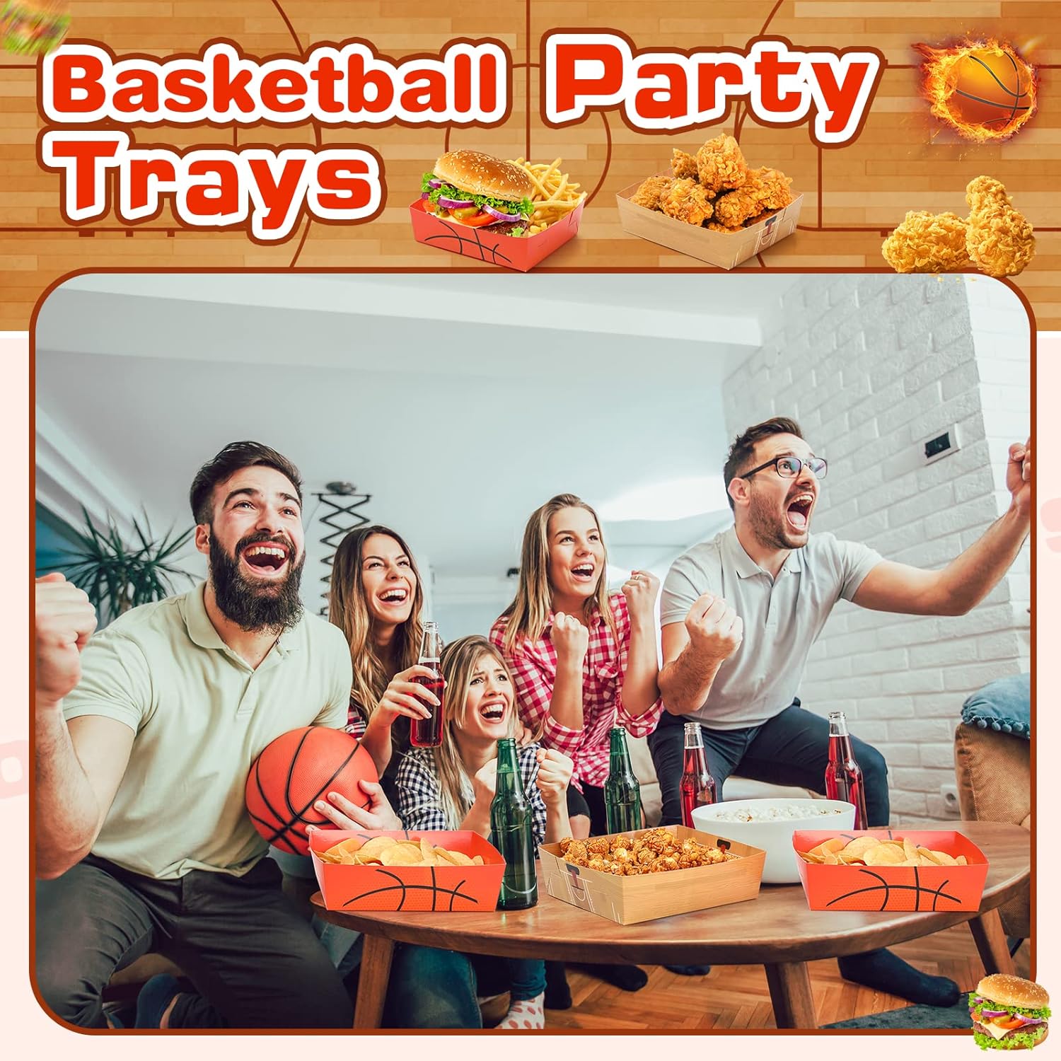 Paquete de 100 bandejas de papel de baloncesto de 5 libras, platos de baloncesto grandes, botes de comida, cuencos de baloncesto desechables,