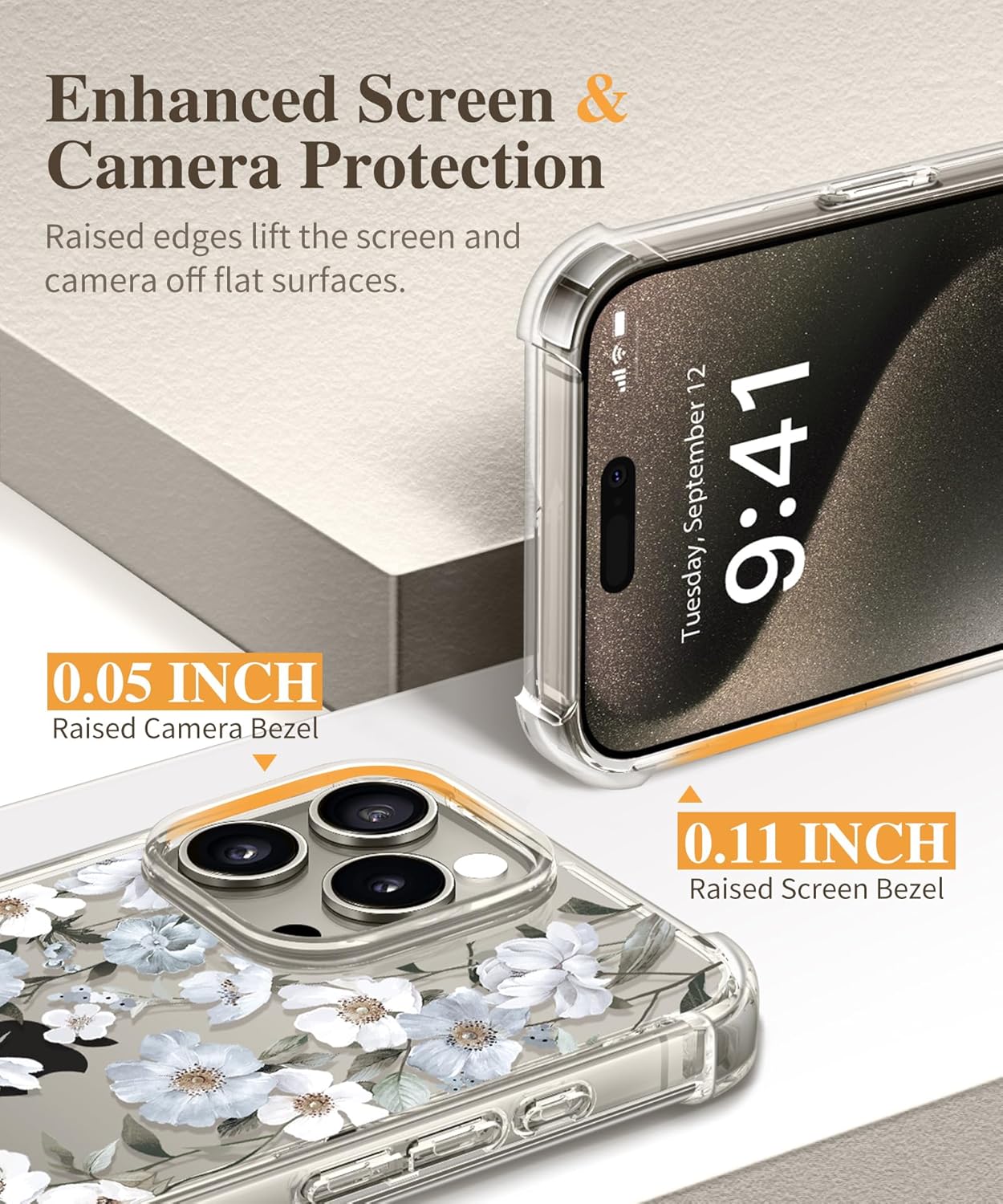 GVIEWIN Funda para iPhone 15 Pro Max floral, con protector de pantalla y protector de lente de cámara, PC duro + TPU parachoques a prueba de golpes