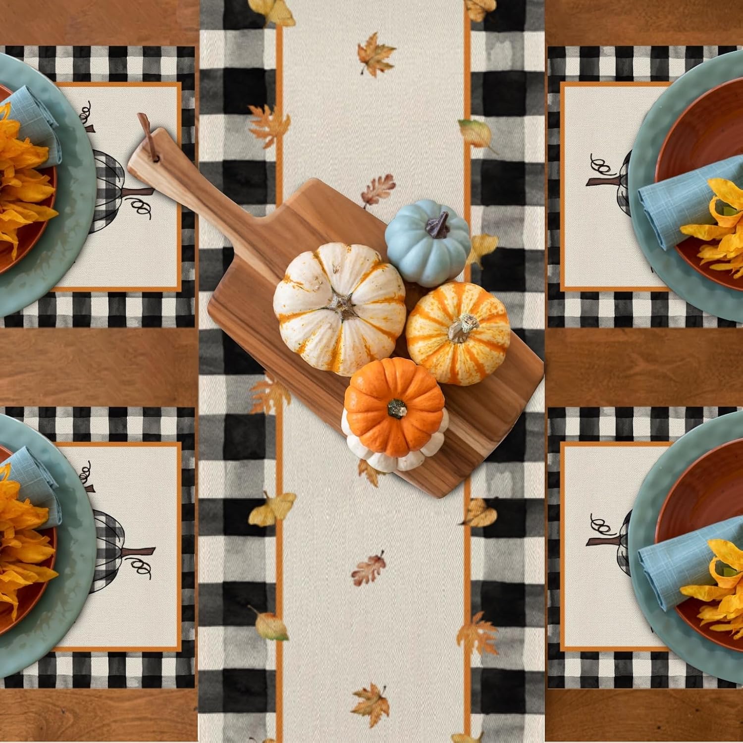 Juego de 4 manteles individuales de otoño de calabaza a cuadros negros de 12 x 18 pulgadas, decoración de hojas de arce para otoño, Acción de