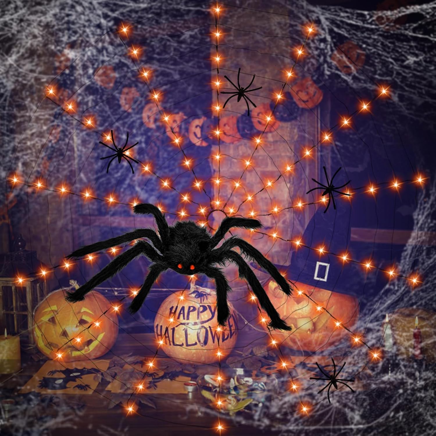 Anycosy Decoración de luces de Halloween, 140 luces LED de telaraña con 5 arañas negras, luces de Halloween al aire libre, 8 modos para decoración