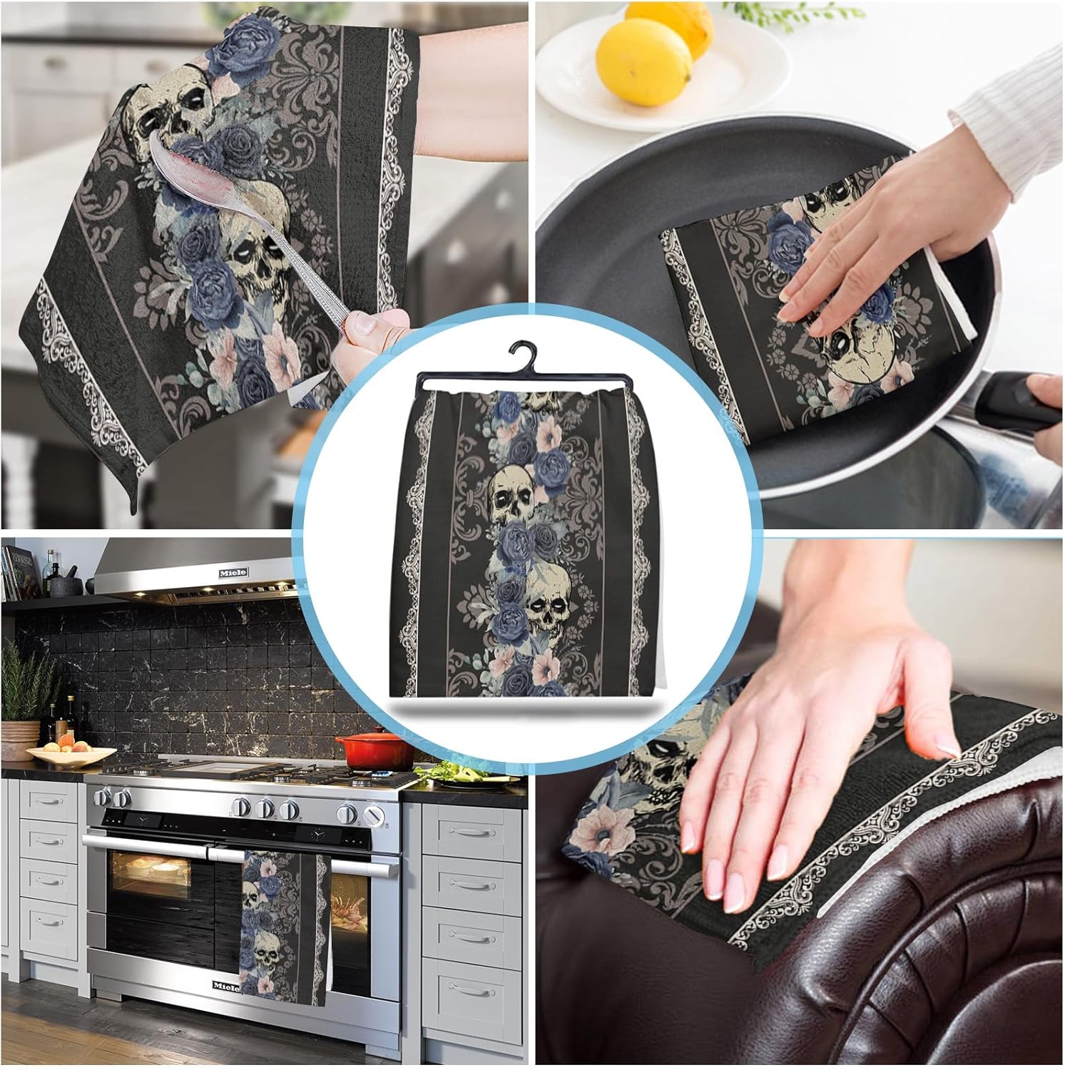 Juego de 2 toallas de cocina y paños de cocina, diseño floral de Halloween con textura de calavera negra de 18 x 28 pulgadas, toallas de mano