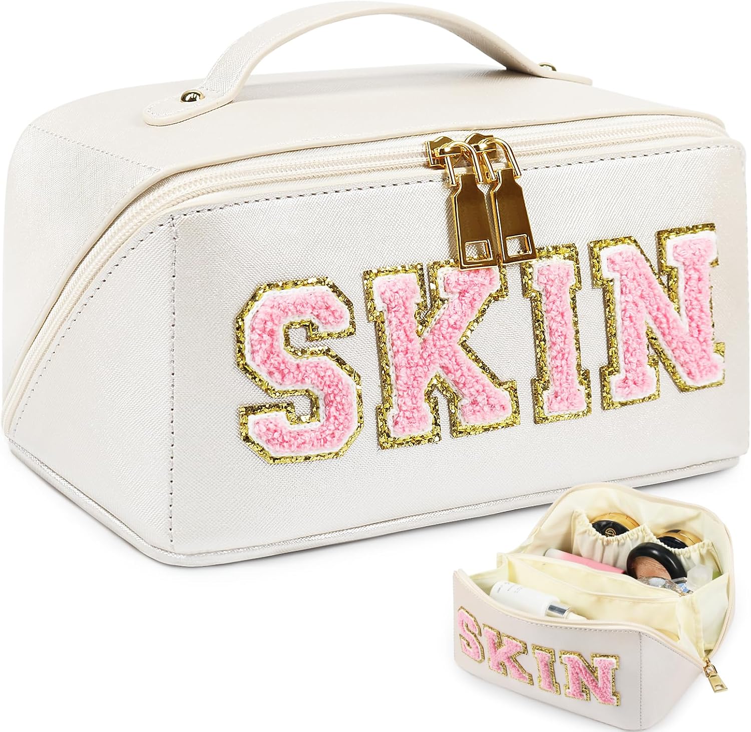 besharppin Bolsa de cosméticos de viaje de gran capacidad, bolsa de maquillaje plana abierta de cuero sintético para mujer, bolsa de aseo con letras