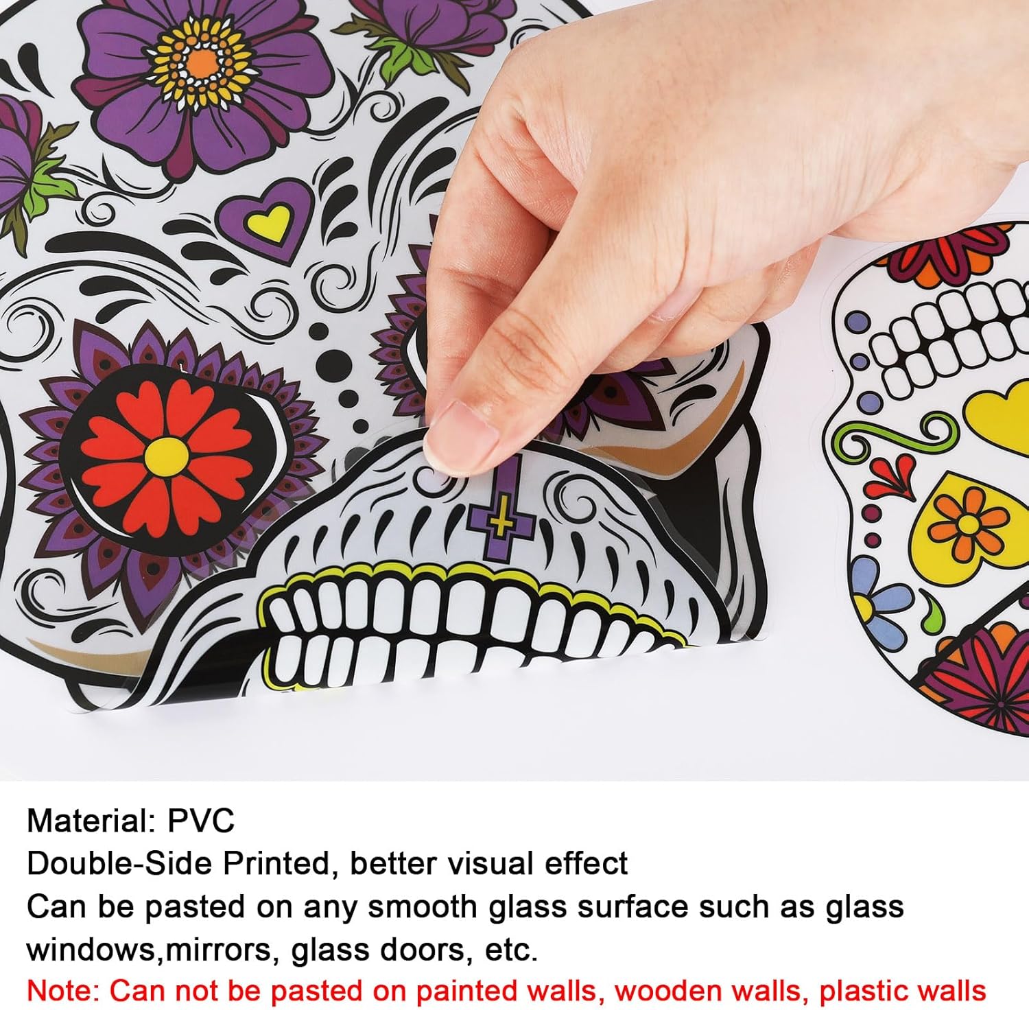 Whaline 9 hojas de calcomanías para ventana con diseño de calavera de azúcar de doble cara para Halloween, patrones de flores coloridas, calcomanías