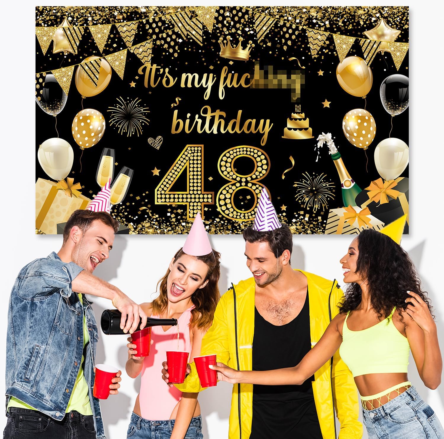 Fondo de pancarta con texto en inglés “It’s My Birthday”, fondo grande para decoración de fiesta de cumpleaños, divertido cartel negro dorado (negro