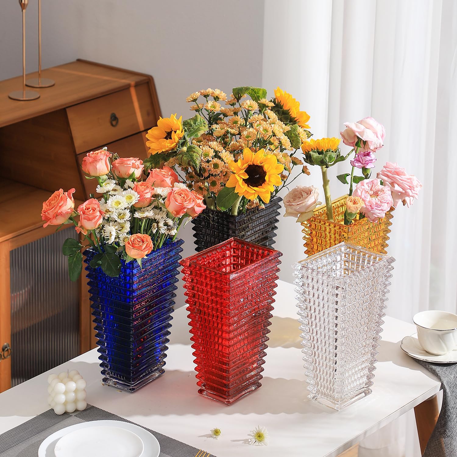 Jarrón de cristal, jarrón de vidrio azul, jarrón de vidrio resistente, jarrones para centros de mesa, florero grande, jarrón de vidrio grande,