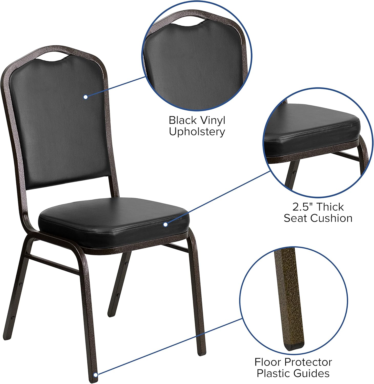 BizChair Silla de banquete apilable con respaldo de corona en vinilo negro – Marco de vena dorada