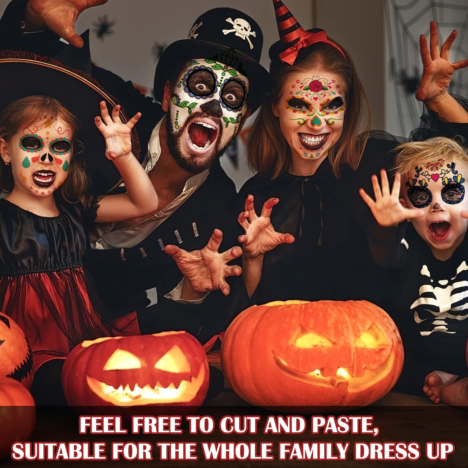 Kit de maquillaje de tatuajes de cara del día de los muertos, paquete de 10 tatuajes temporales de calavera de azúcar de Halloween para adultos,