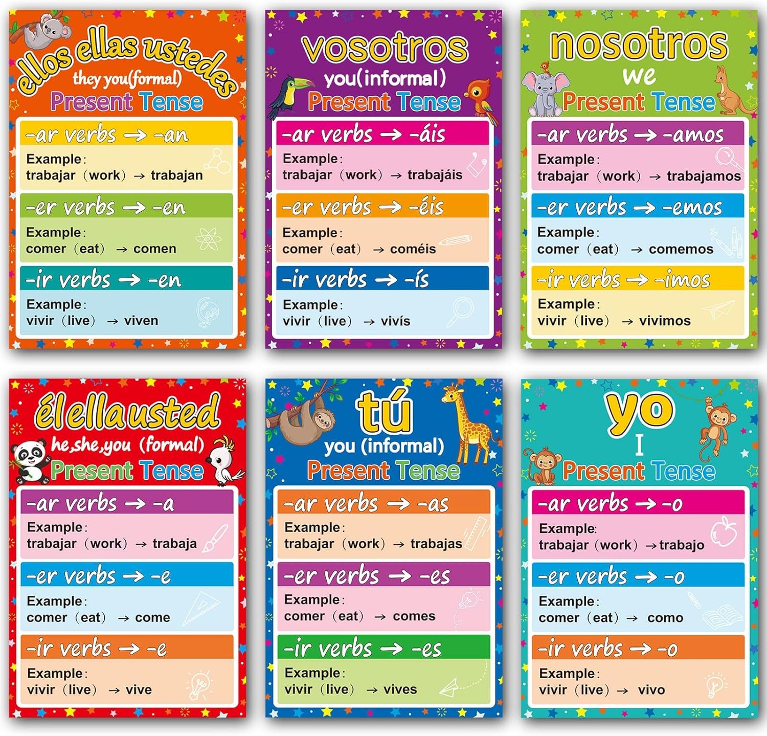 gisgfim 6 pósteres de conjugación de verbos en español, decoración de gramática española de color para decoración de aula de escuela primaria, media
