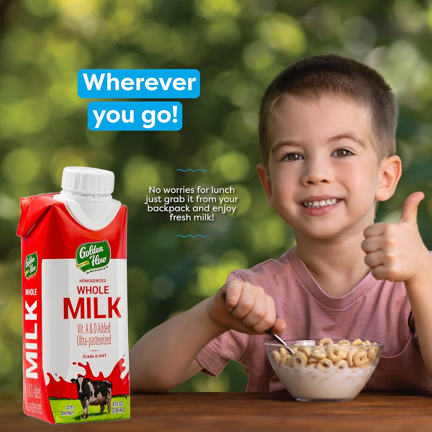 Golden Flow Leche entera duradera  Leche en caja UHT  Fortificada con vitaminas A y D  No necesita refrigeración, Cholov Yisroel, Kosher para Pascua