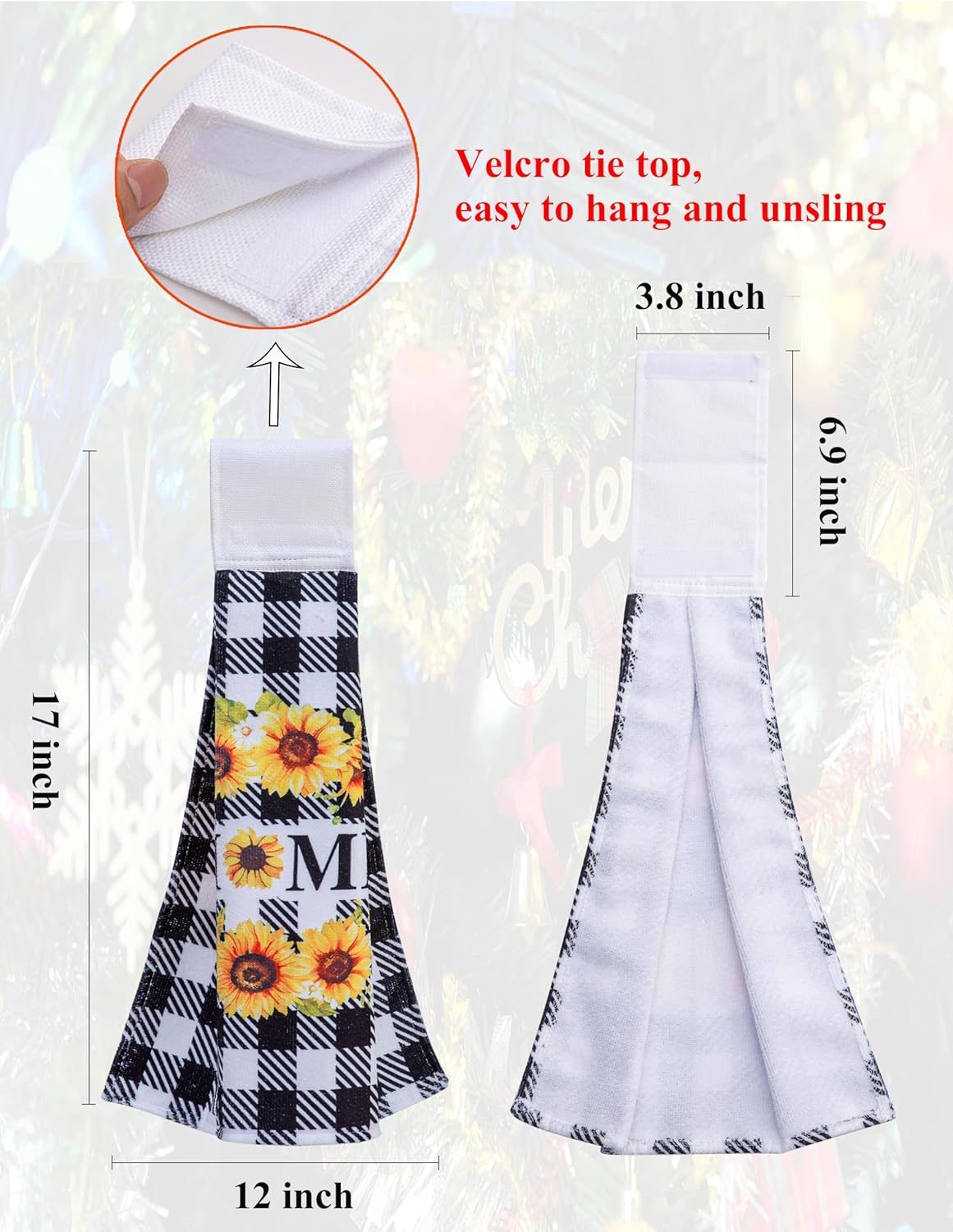 Mayler Yee Juego de 4 toallas de cocina colgantes con girasol y búfalo a cuadros, toallas de mano con velcro para cocina, baño, decoración de