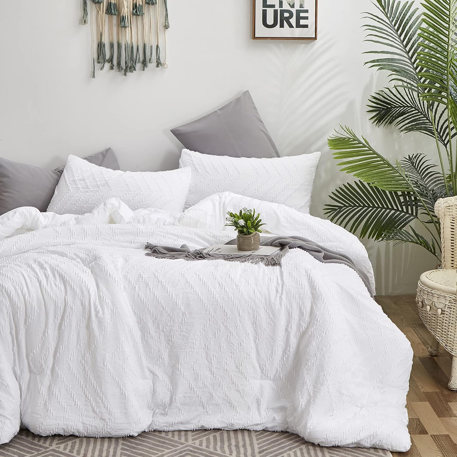 Edredón jacquard blanco tamaño Queen para mujeres y hombres, edredón bohemio de algodón para adultos y adolescentes con bordado blanco desgastado