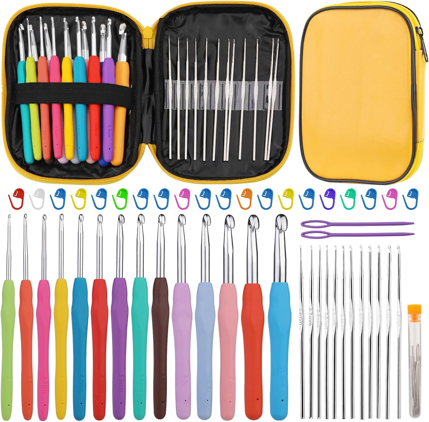 UzecPk Juego de 65 ganchos de ganchillo, juego de agujas de ganchillo con bolsa de almacenamiento, juego de ganchos de ganchillo ergonómicos para
