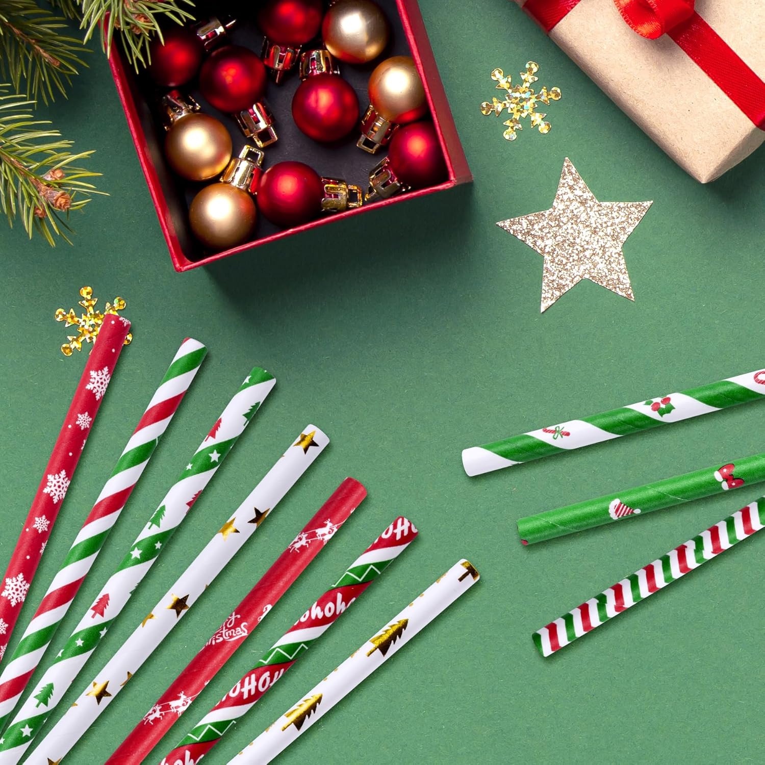 Paquete de 100 popotes de papel de Navidad, 7.75 x 0.24 pulgadas, 10 colores surtidos para árbol de Navidad, Año Nuevo, vacaciones, fiesta (0.24 x