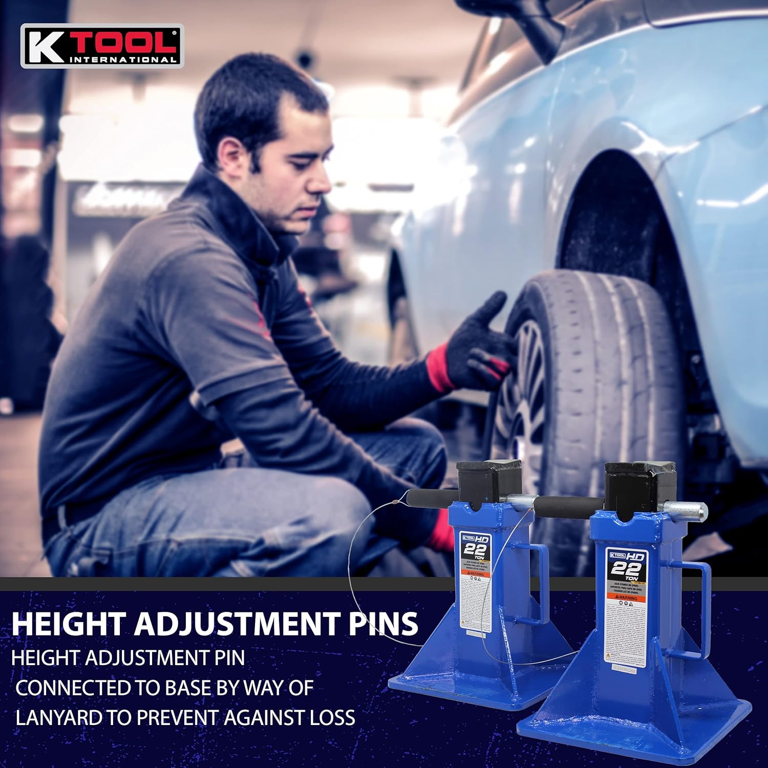 K Tool International HD61222 – Soportes de gato automotriz de 22 toneladas para garajes, talleres de reparación y bricolaje, estilo pin, sillín en