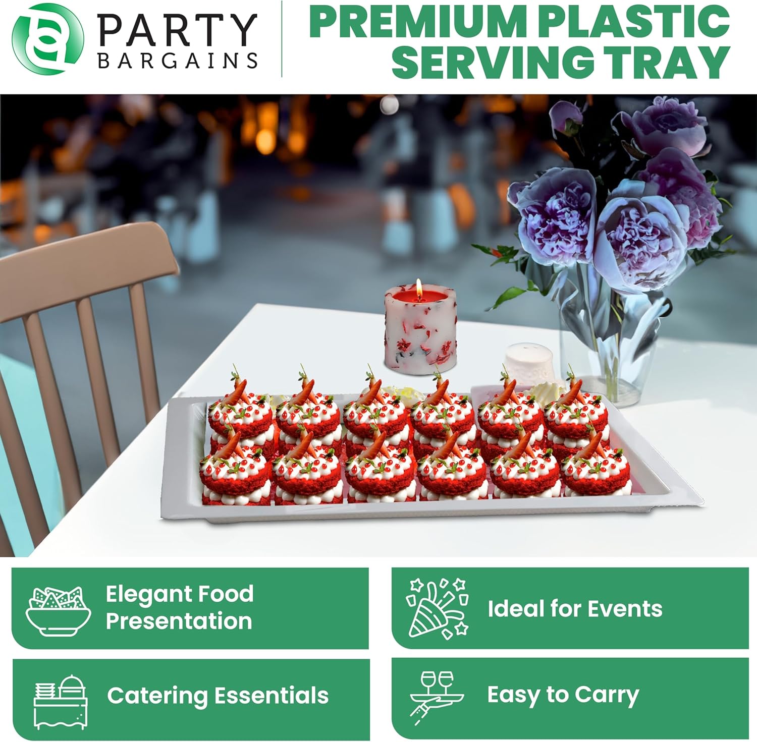 PARTY BARGAINS Bandejas de plástico para servir de 16 x 11 pulgadas, paquete de 8 bandejas desechables de plástico blanco, excelentes para bodas,