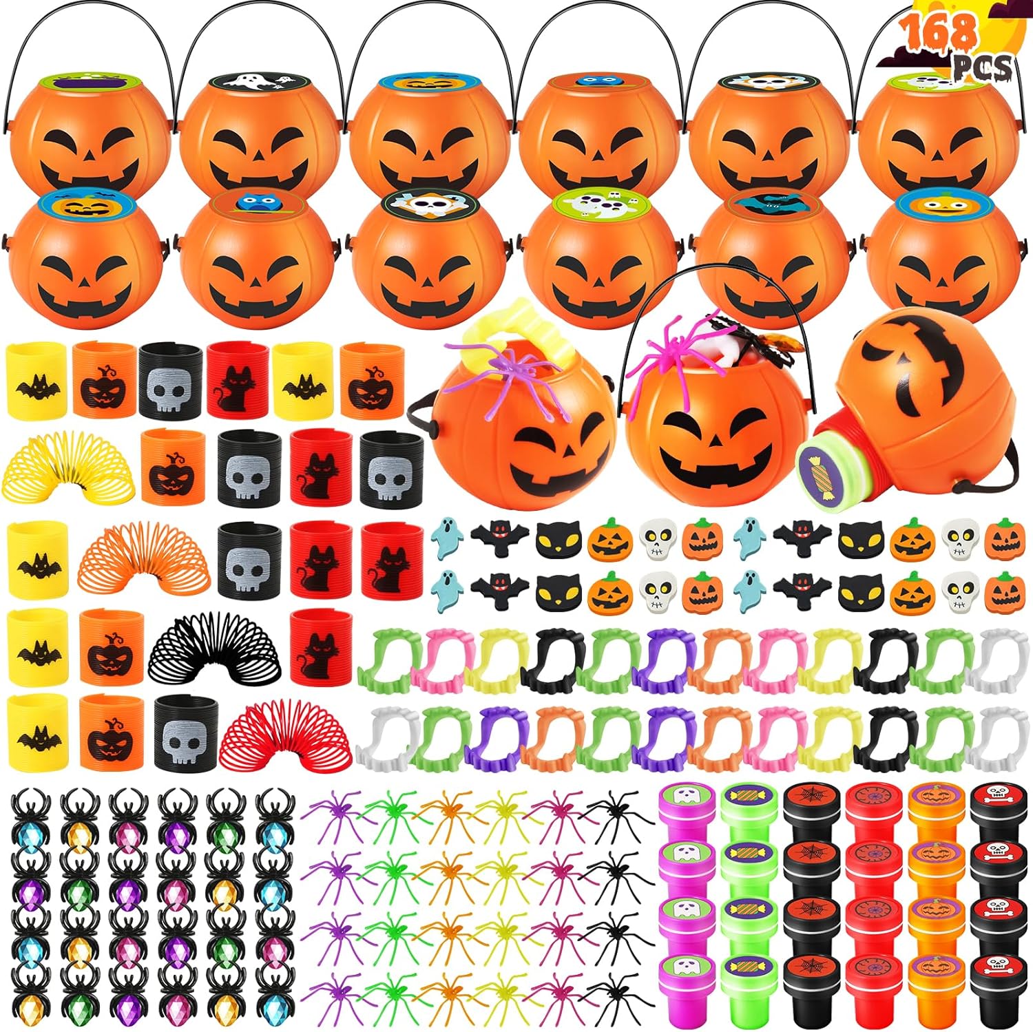 168 piezas de recuerdos de fiesta de Halloween para niños, paquete de 24 calabazas precargadas de Halloween con juguetes, araña, dientes de vampiro,