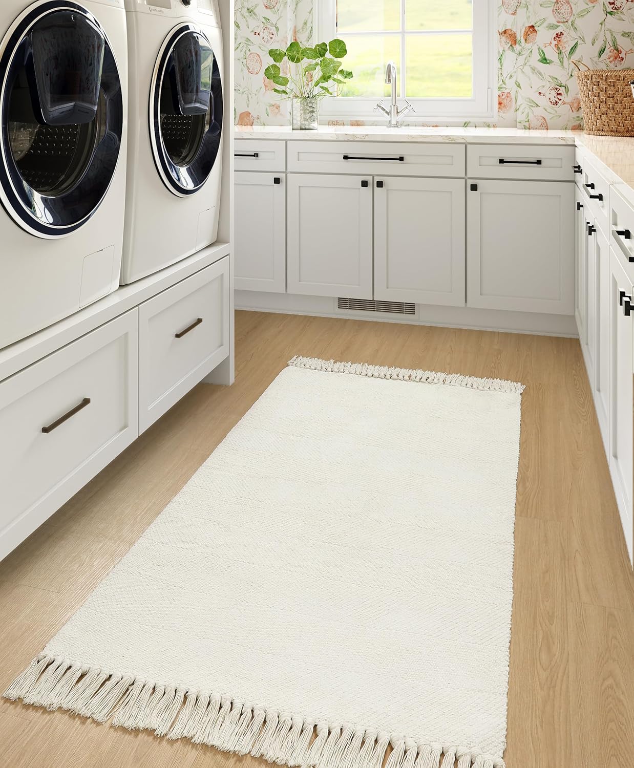 Collive – Tapete lavable de 3 x 5 pies, tapetes de cocina tejidos modernos, de algodón trenzado, color blancobeige, para puerta de interior,
