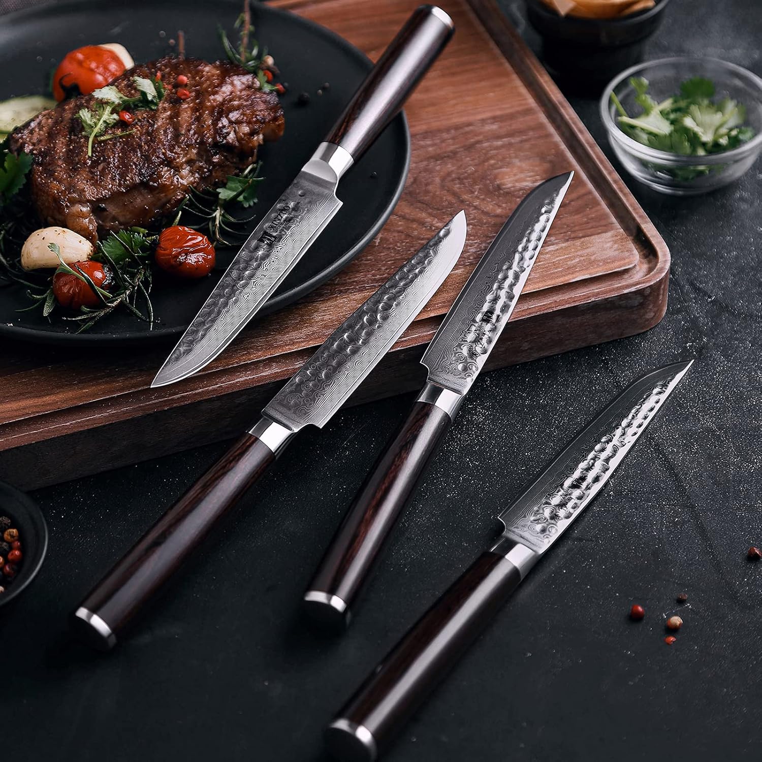XINZUO Juego de cuchillos para carne de 5 pulgadas, 4,67 capas forjados de damasco con caja de regalo, ultra afilados, mango de madera de Pakka